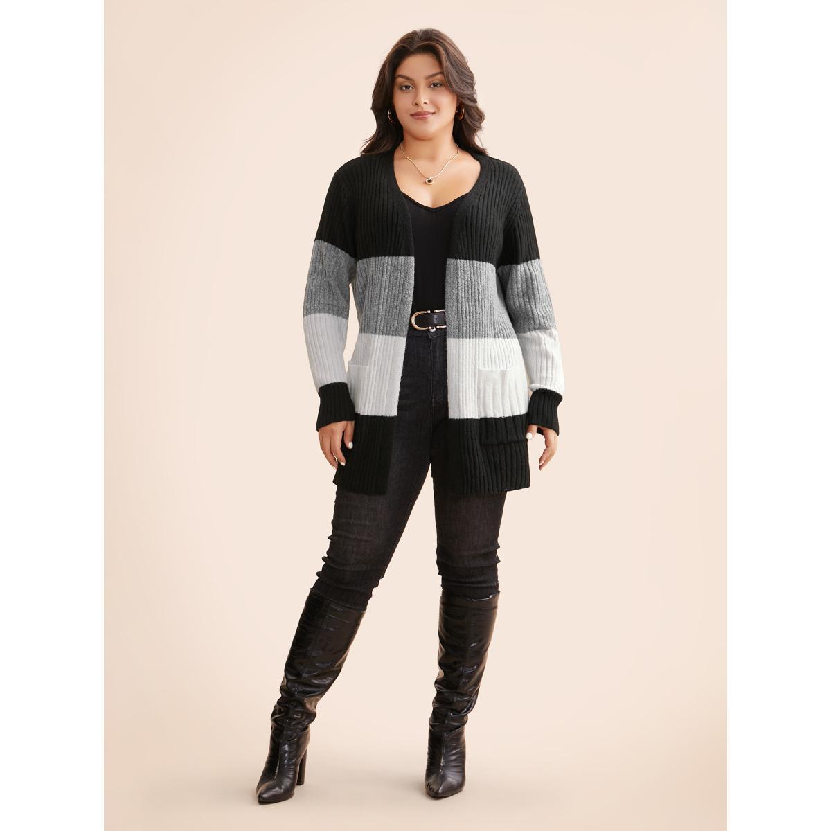 Plus Size Colorblock Contrast Patched Pocket Cardigan Black Women Casual Loose Long Sleeve Everyday Cardigans BloomChic 26/4X Product Image