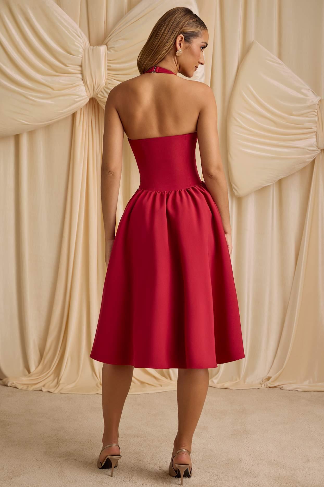 Halterneck Bow-Detail Midi Dress in True Red Product Image