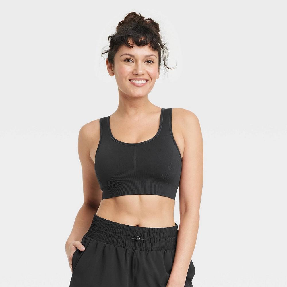 Women's Seamless Medium Support Racerback Midline Sports Bra - All In Motion™ Black M: Moisture Wicking, Removable Padding Product Image