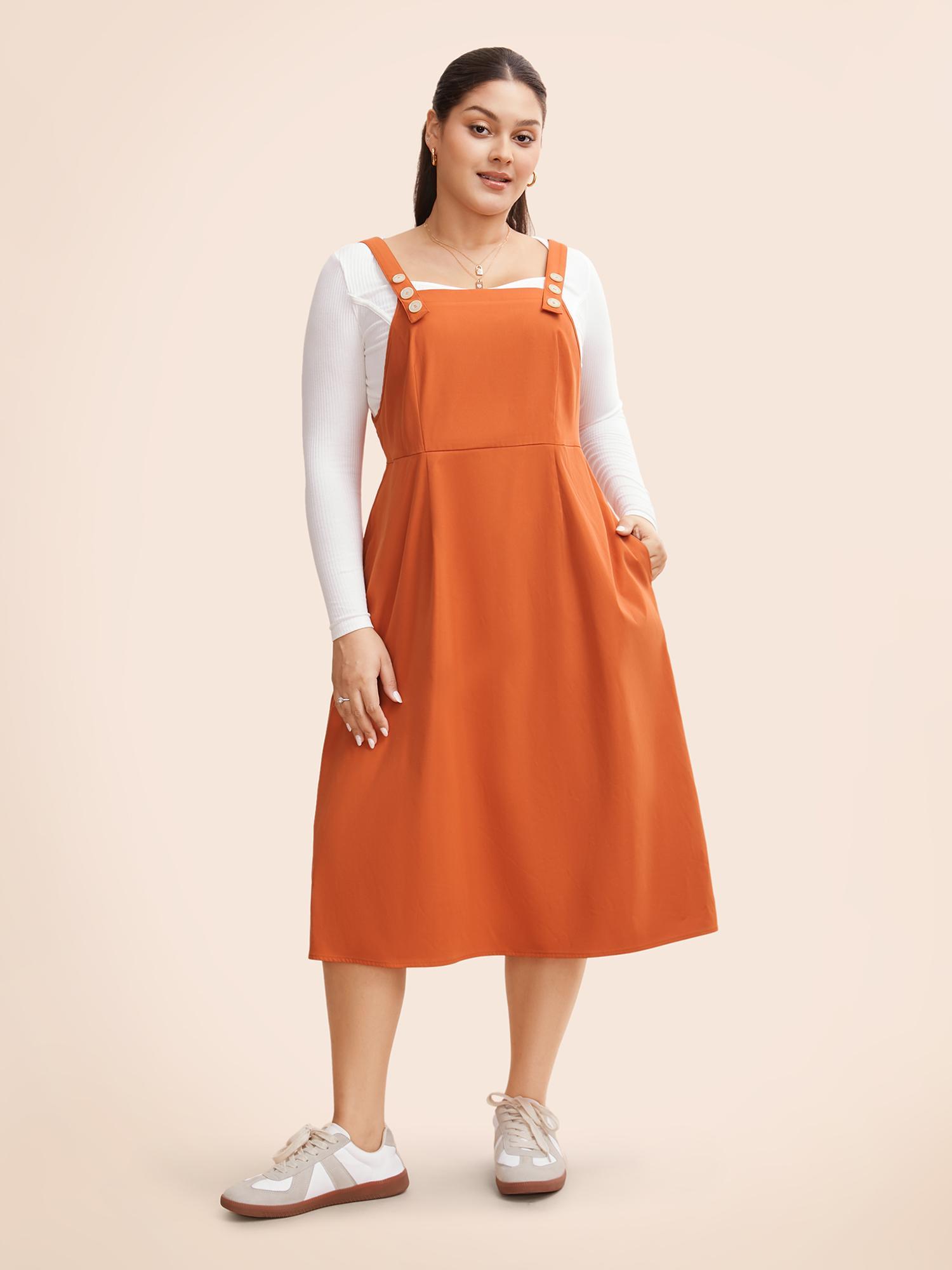 Plus Size Suspender Skirt Style Midi Dress OrangeRed Women Casual Button Non Sleeveless Curvy BloomChic 12/L Product Image
