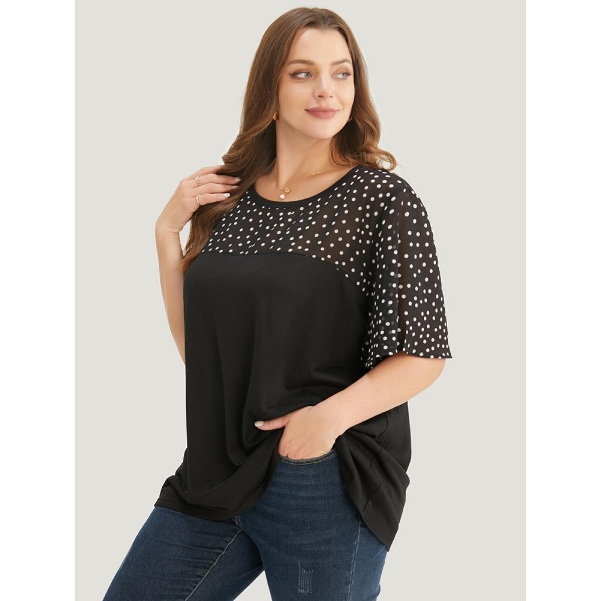 Plus Size Floral Mesh Patchwork Ruffle Sleeve T-shirt White Women Elegant Patchwork Floral Round Neck Dailywear T-shirts BloomChic 22-24/3X Product Image