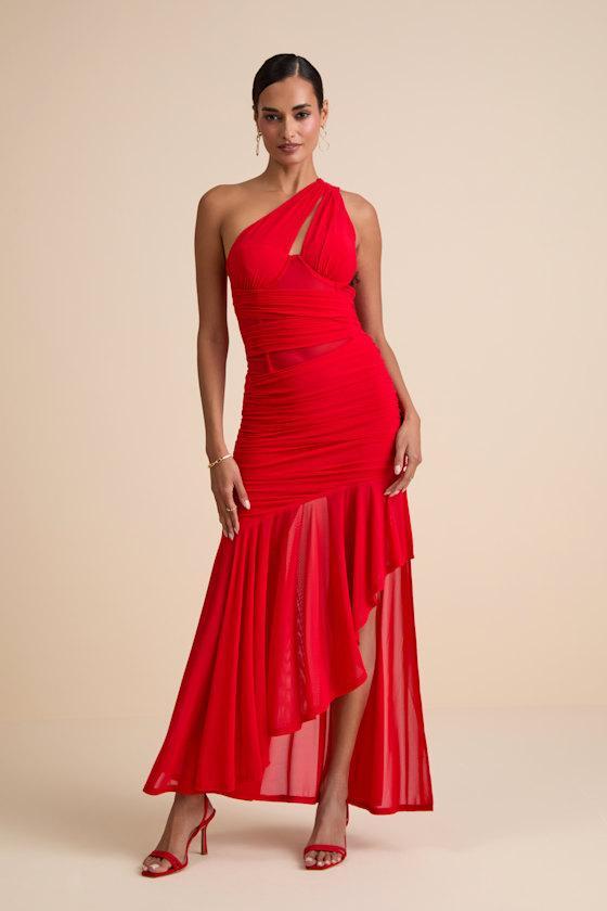 Marcellina Red Mesh Ruched One-Shoulder Maxi Dress Product Image