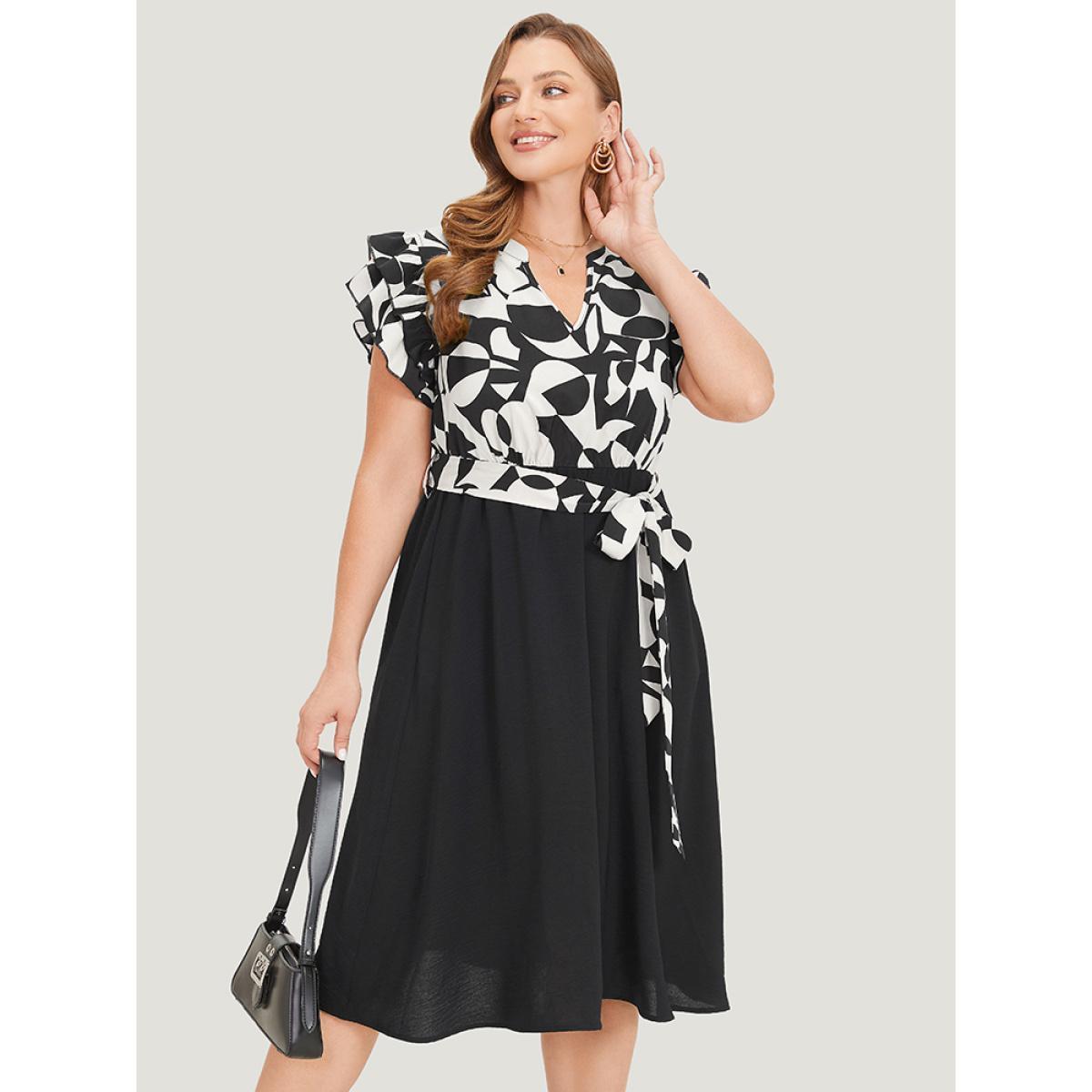 Plus Size Geometric Pocket Belted Ruffle Sleeve Notched Dress White Women Office Plain Notched collar Cap Sleeve Curvy Midi Dress BloomChic 18-20/2X Product Image