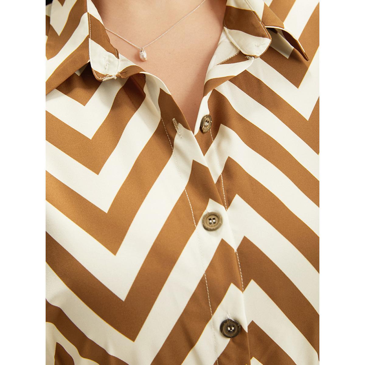 Plus Size Geometric Print Shirt Collar Button Through Dress Bronze Women Office Printed Shirt collar Short sleeve Curvy Midi Dress BloomChic 18-20/2X Product Image