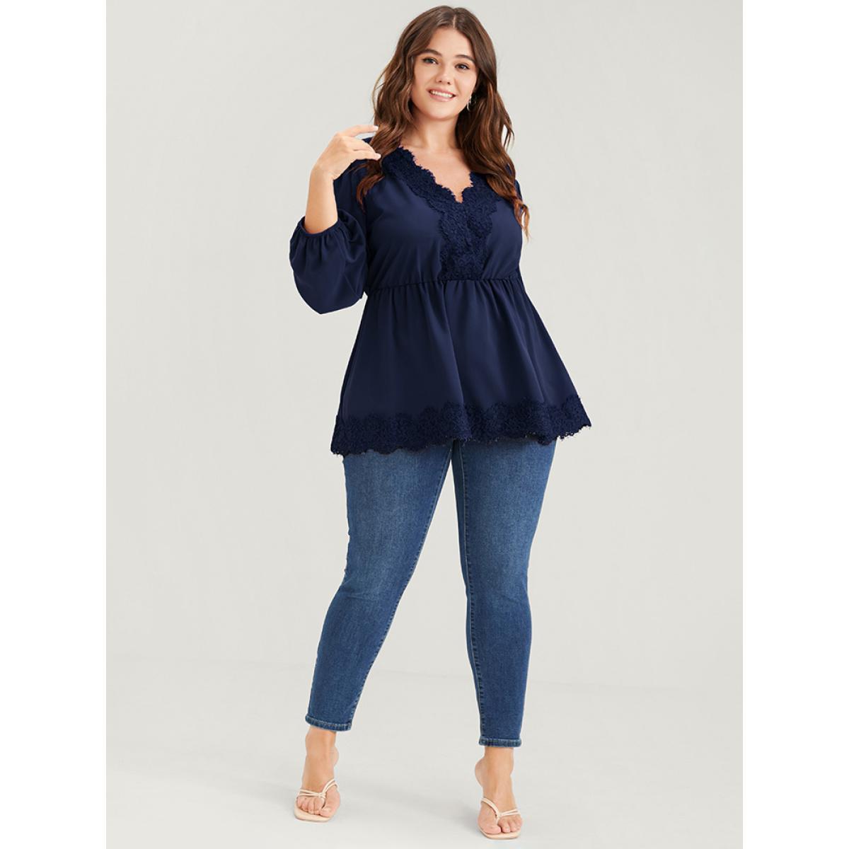 Plus Size Navy Solid Lantern Sleeve Ruffle Hem Lace Trim Blouse Women Elegant Long Sleeve V-neck Dailywear Blouses BloomChic 22-24/3X Product Image