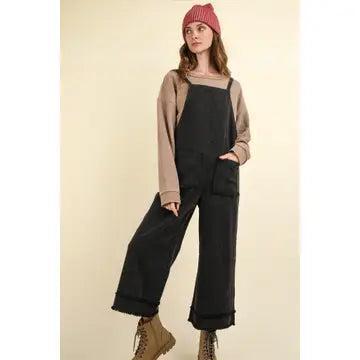 Black Washed Cotton Twill Solid Overalls Jumpsuit Product Image