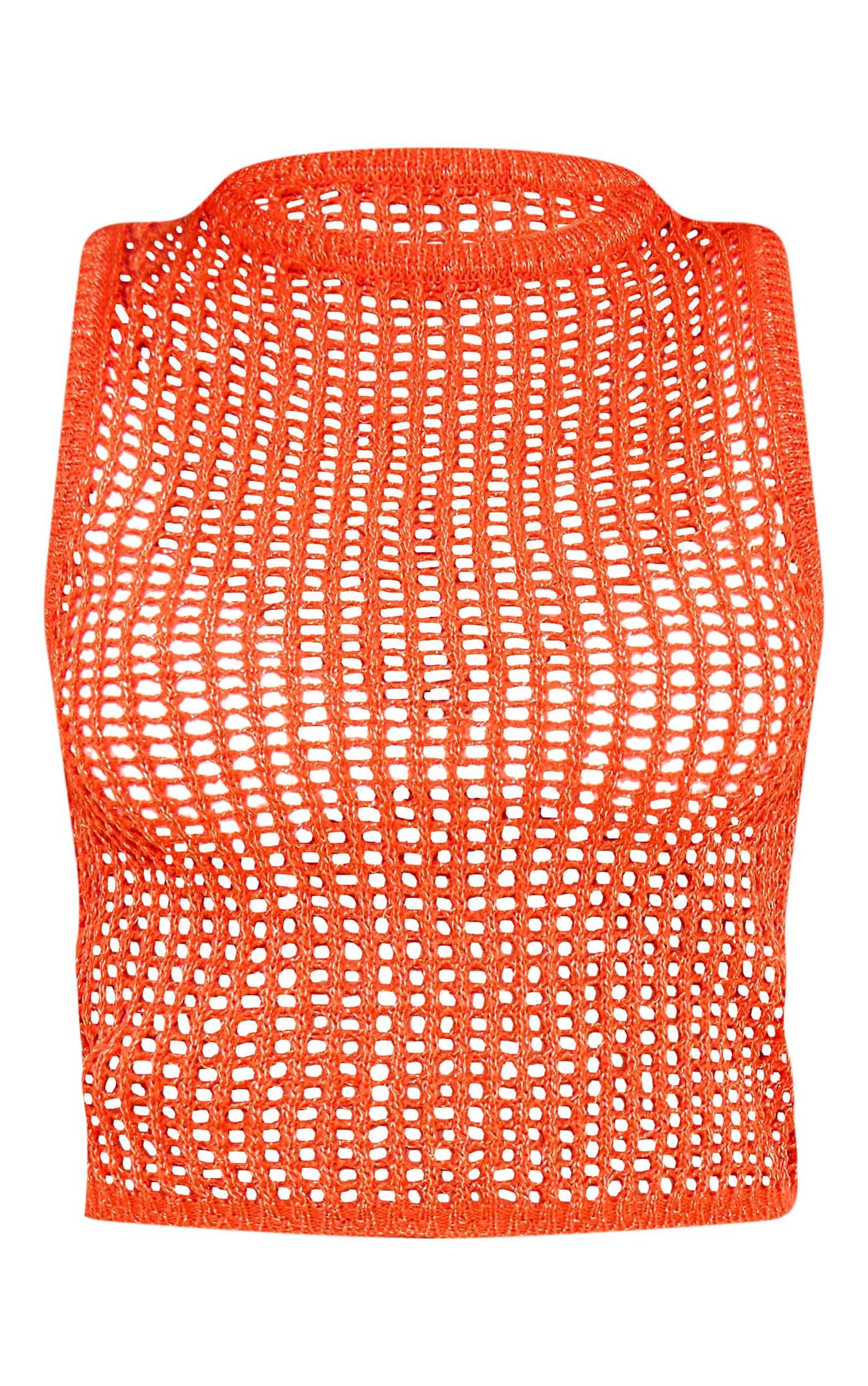 Coral Open Crochet Glitter Knit Racer Neck Top Product Image