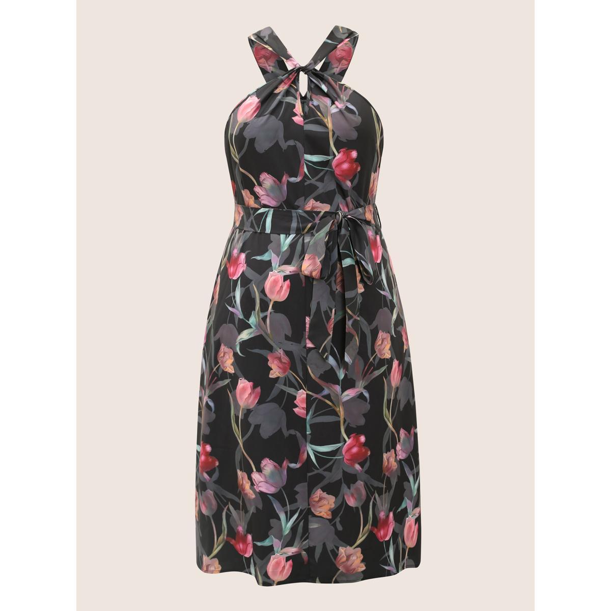Plus Size Floral Halter Belted Twist Front Pocket Dress BlackFlower Women Elegant Belted Halter neck Sleeveless Curvy Midi Dress BloomChic 30/6X Product Image