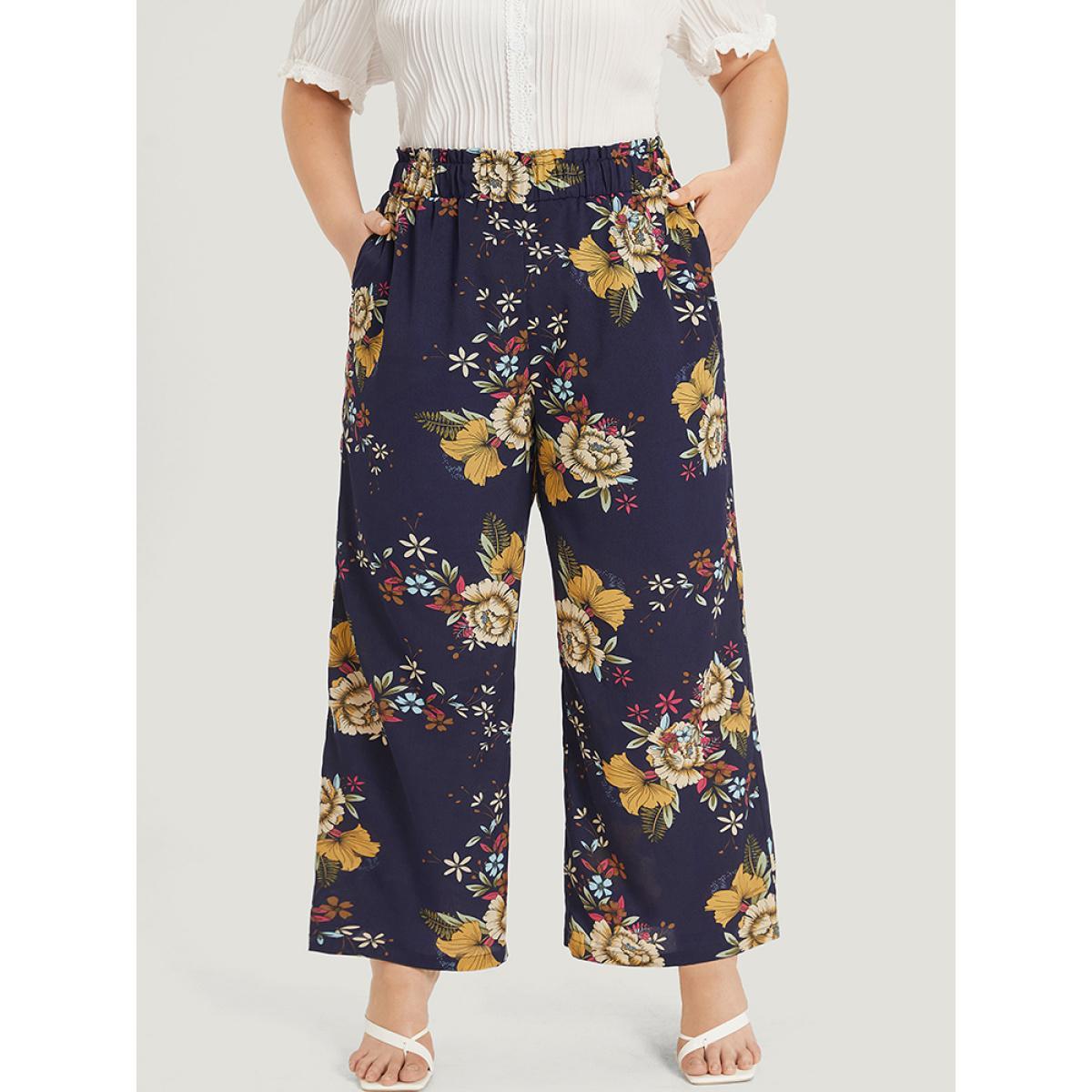 Plus Size Floral Print Pocket Elastic Waist Wide High Rise Pants Women Indigo Elegant Straight Leg High Rise Dailywear Pants BloomChic 26/4X Product Image