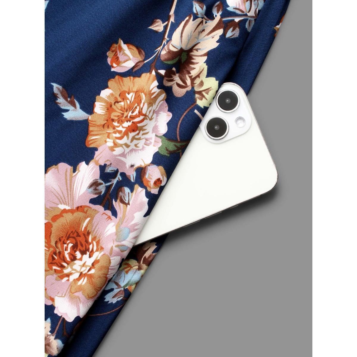 Plus Size Floral Shirred V-Neck Maxi Dress DarkBlue Women Elegant Shirred V-neck Long Sleeve Curvy BloomChic 14-16/1X Product Image