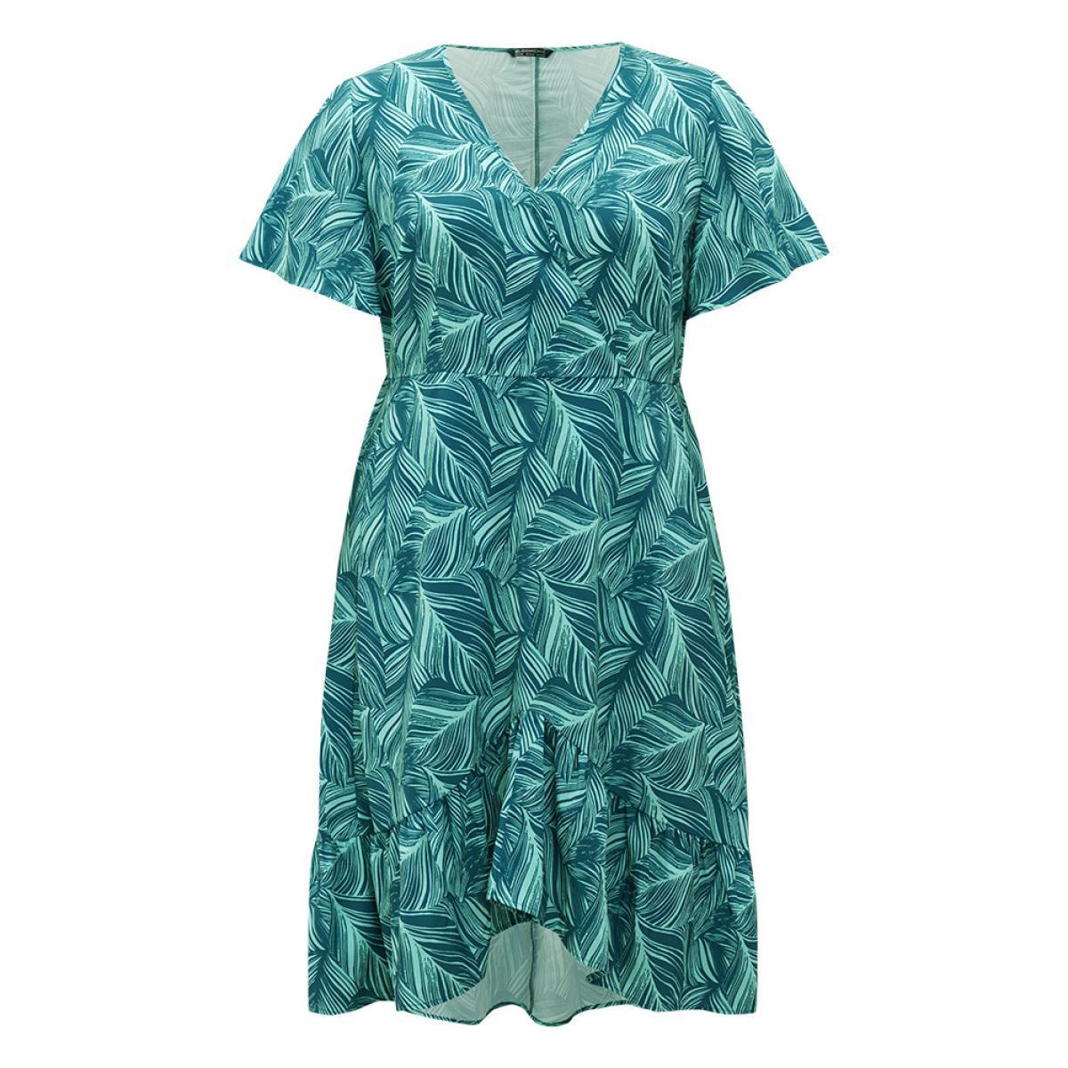 Plus Size Plant Print Ruffles Pocket Asymmetrical Hem Wrap Dress Green Women Vacation Wrap V-neck Short sleeve Curvy Midi Dress BloomChic 26/4X Product Image