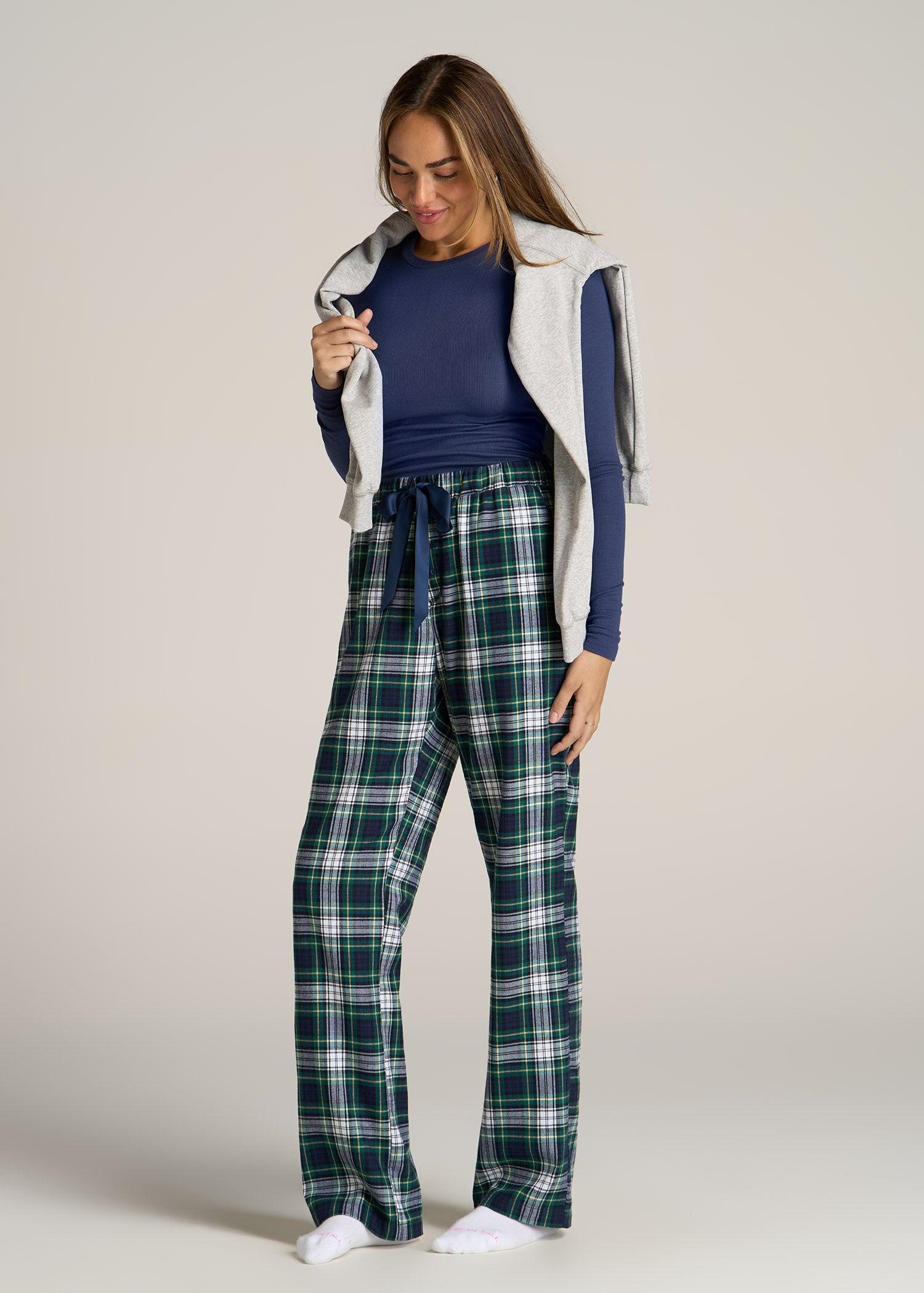 Open-Bottom Flannel Women's Tall Pajama Pants in Green and Navy Tartan Product Image