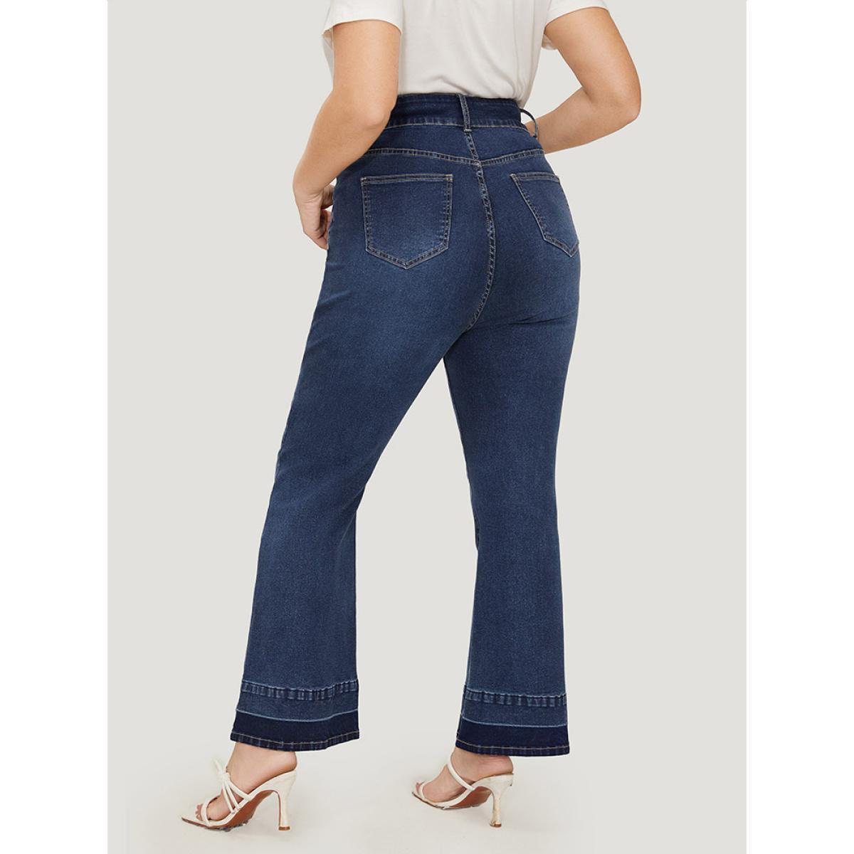 Plus Size Flare Leg Very Stretchy Dark Wash Contrast Patchwork Jeans Women Indigo Casual Plain Contrast High stretch Pocket Jeans BloomChic 12/L Product Image