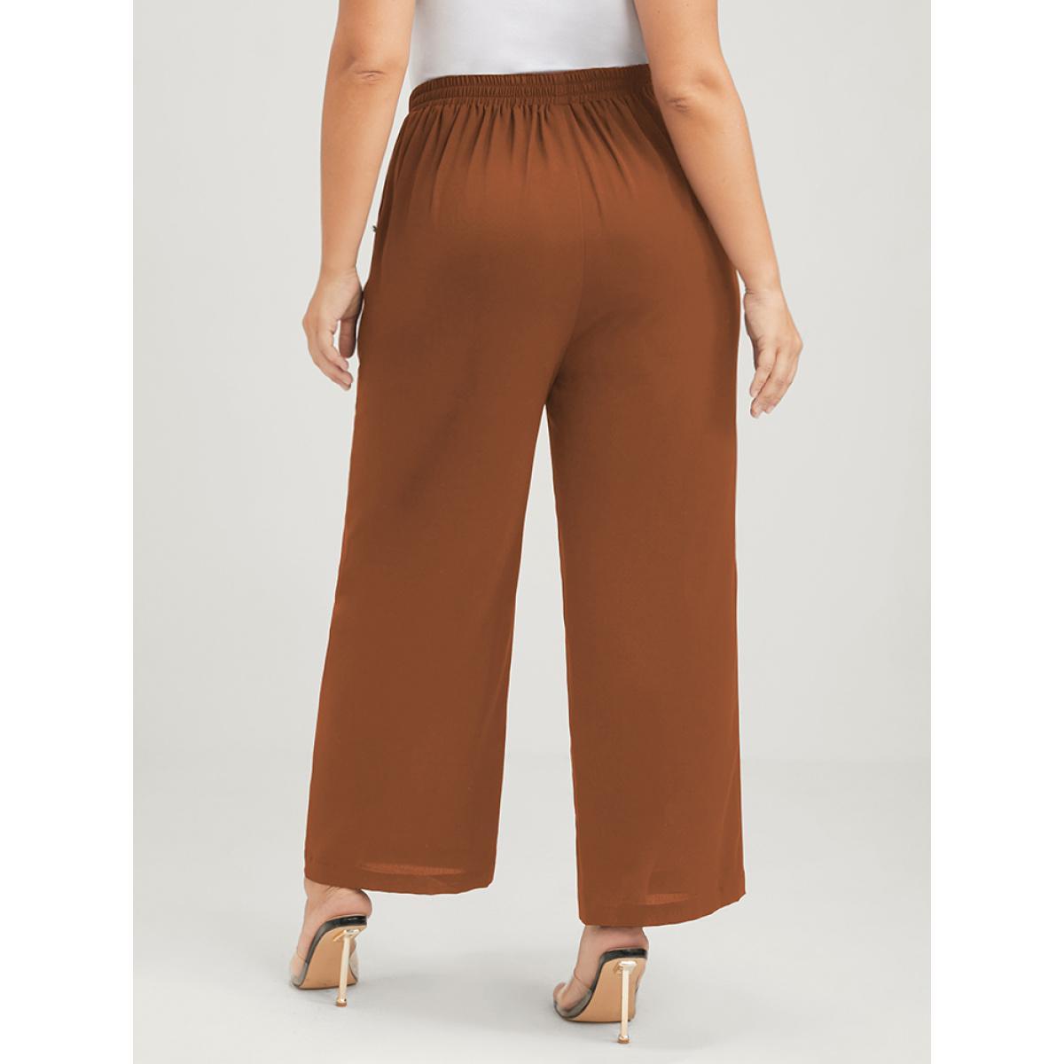 Plus Size Solid Pocket Button Detail Elastic Waist Pants Women Chocolate Office High Rise Work Pants BloomChic 18-20/2X Product Image