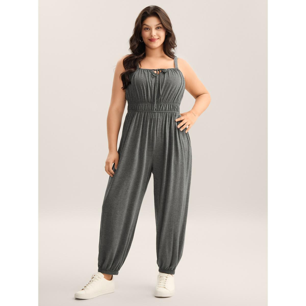 Plus Size DimGray Stretchy Pleated Straps Pockets Jumpsuit Women Sleeveless Non Everyday-Casual Loose Jumpsuits BloomChic 22-24/3X Product Image