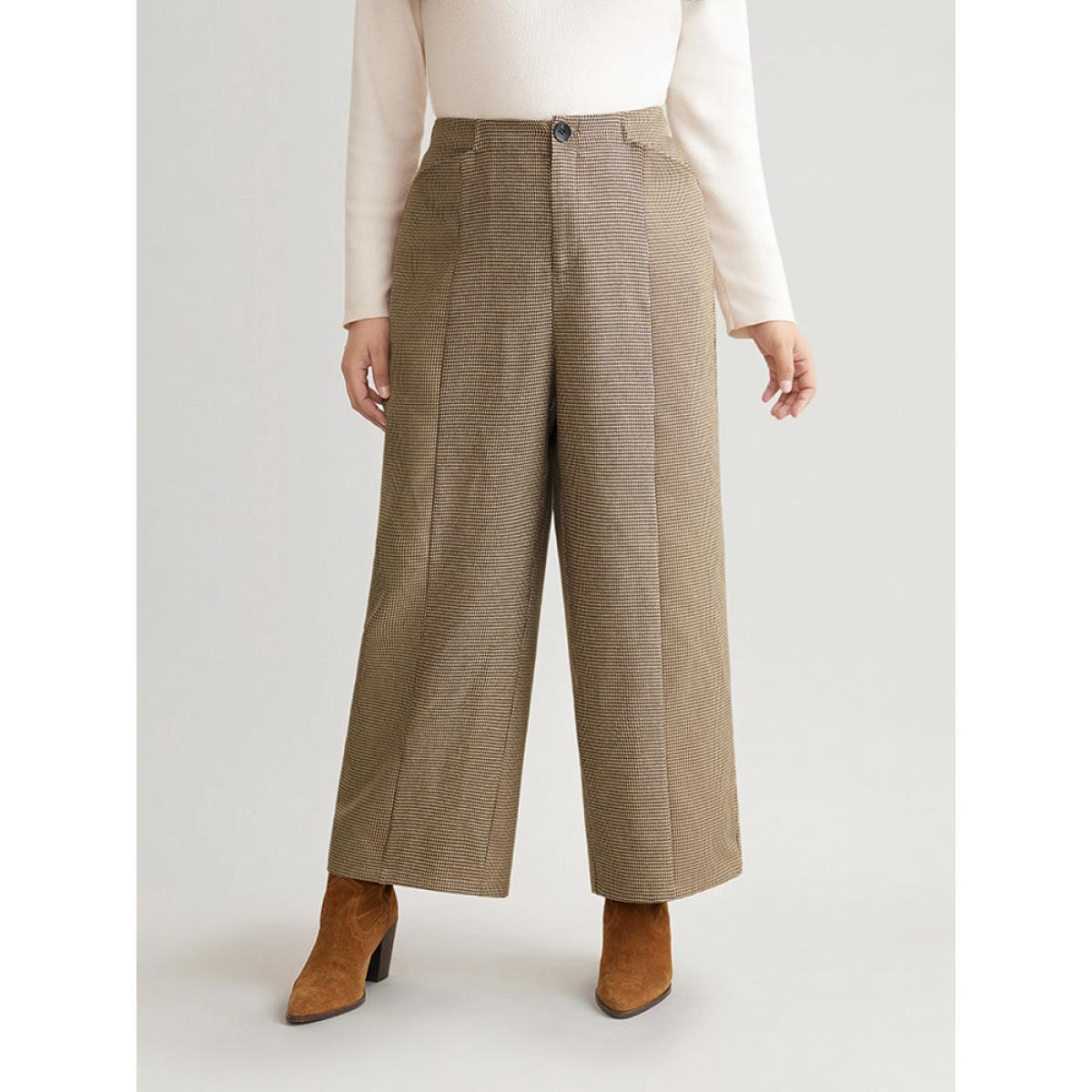 Plus Size Houndstooth Elastic Waist High Rise Straight Leg Pants Women Tan Office Straight Leg High Rise Work Pants BloomChic 18-20/2X Product Image