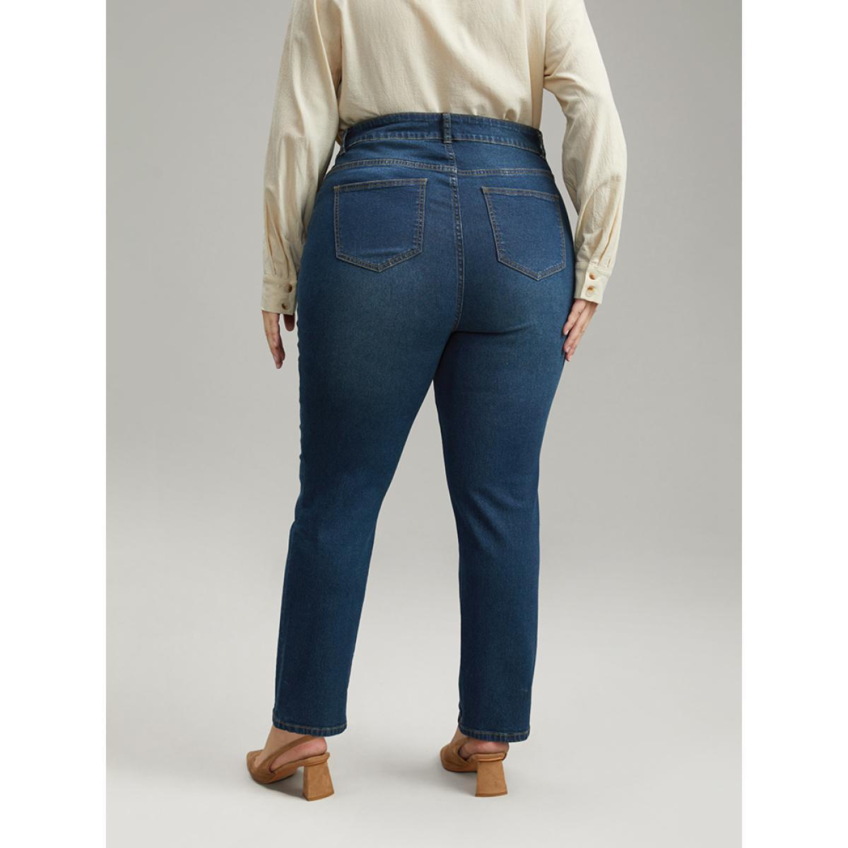 Plus Size Plain Straight Leg Zipper Fly Jeans Women Indigo Casual Plain Pocket High stretch Pocket Jeans BloomChic 30/6X Product Image