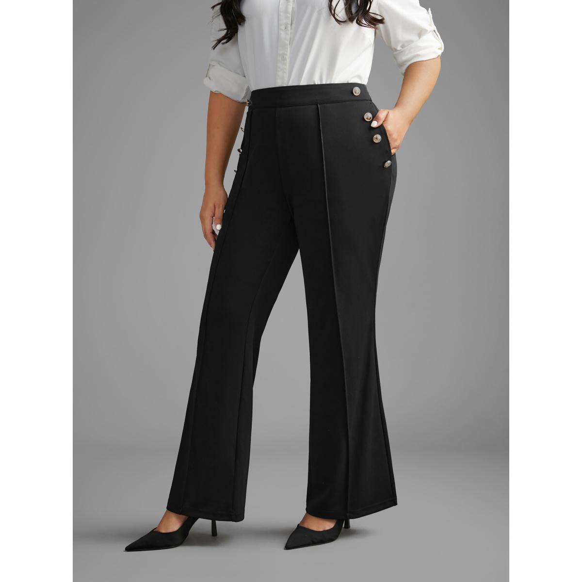 Plus Size Stretchy Woven Button Detail Bootcut Pants Women Black At the Office Bootcut Mid Rise Work Pants BloomChic 18-20/2X Product Image