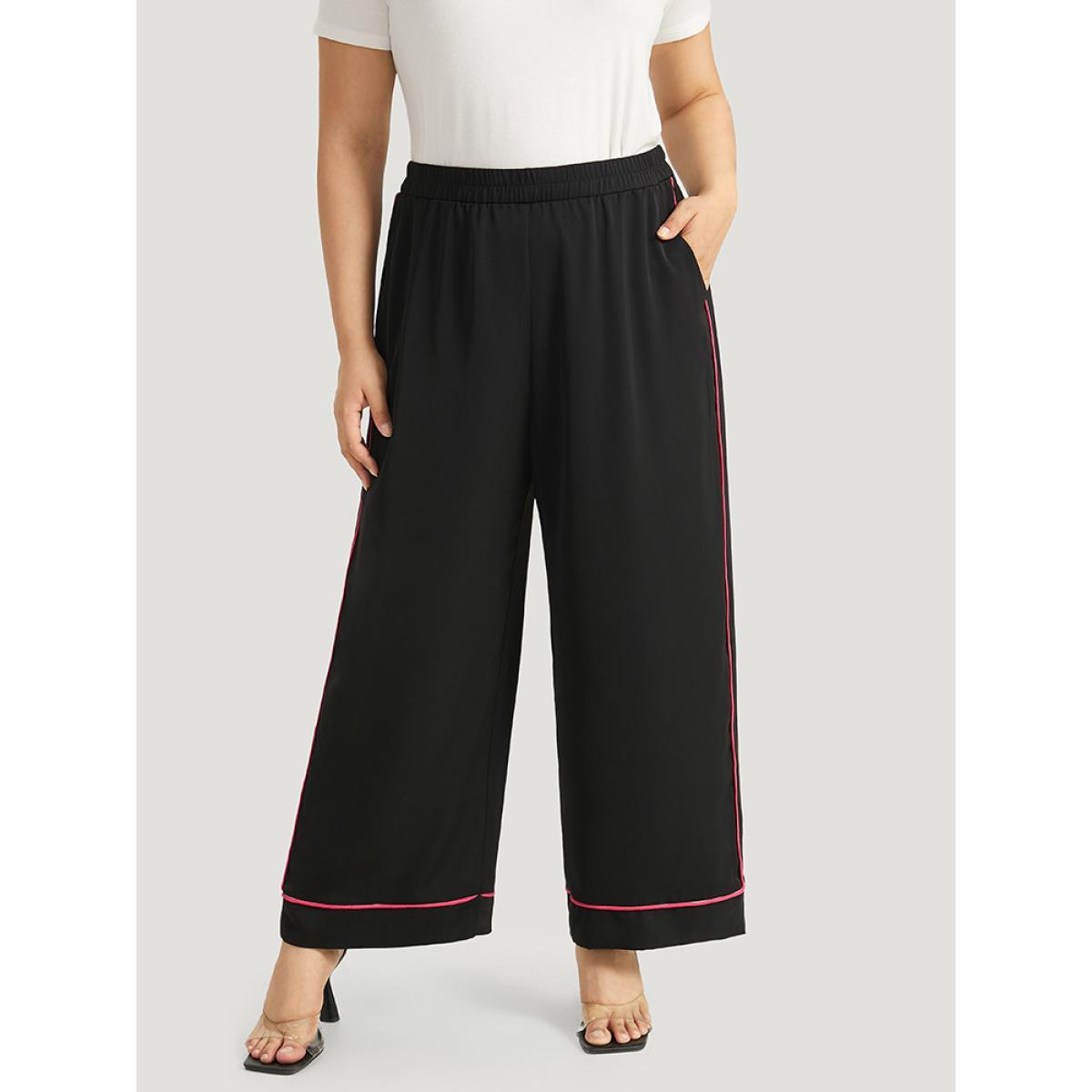 Plus Size Anti-Wrinkle Contrast Elastic Waist Seam Detail Loose Pants Women Black Office Wide Leg High Rise Work Pants BloomChic 10/M Product Image