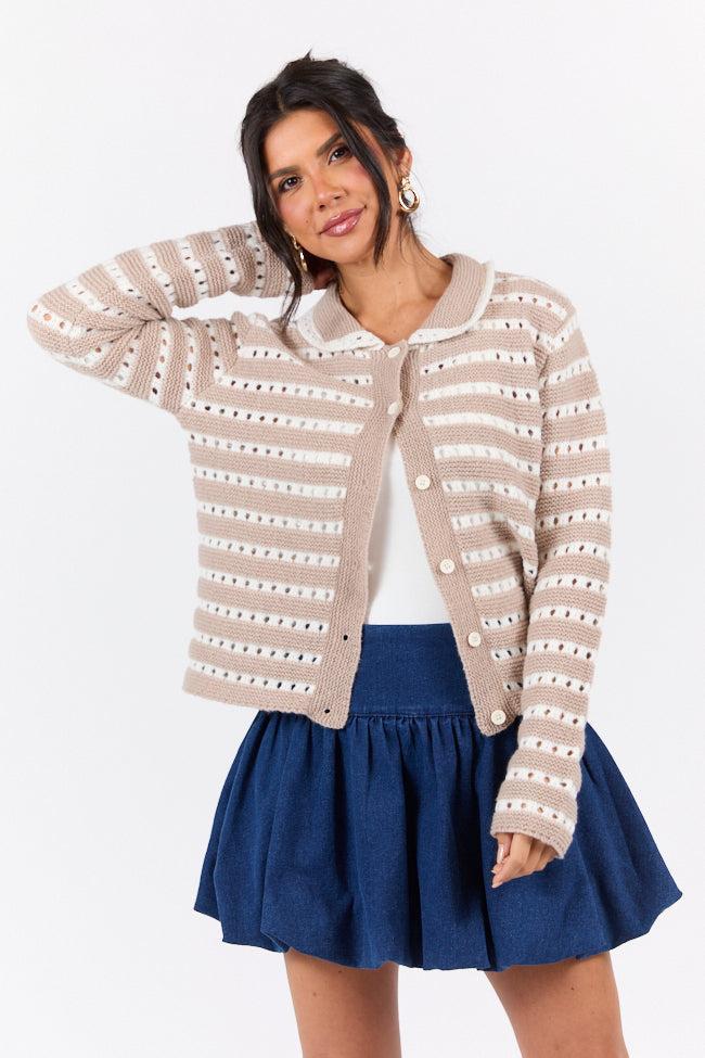 Warm Feelings Taupe Open Knit Striped Collared Cardigan SALE Product Image