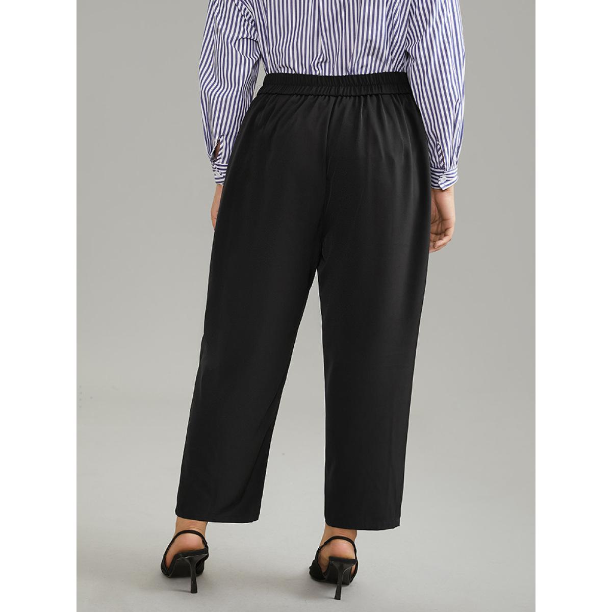 Plus Size Plain Elastic Waist Pleated Button Detail Pants Women Black Office High Rise Work Pants BloomChic 30/6X Product Image