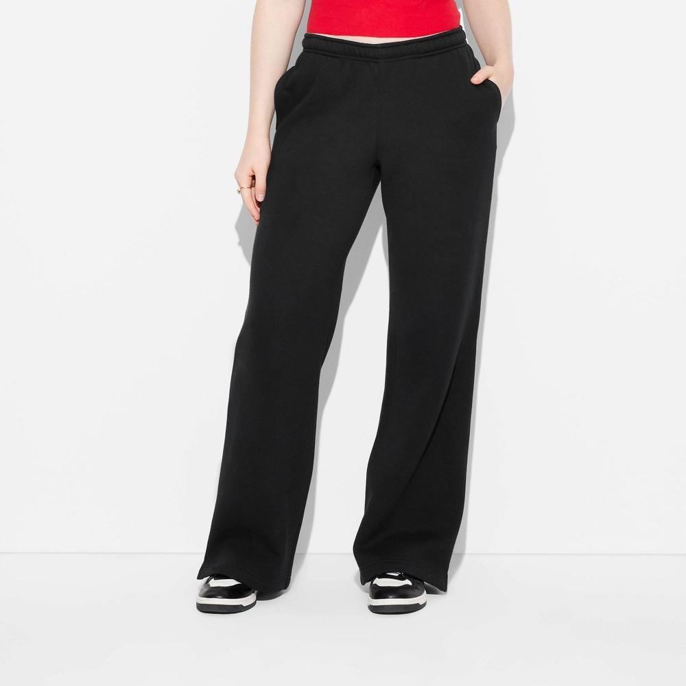 Women's High-Rise Straight Leg Sweatpants - Wild Fable™ Black XS: Cotton Blend, Fleece, Side Pocket, Drawstring Waistband Product Image