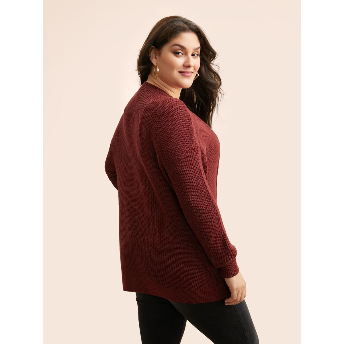 Plus Size Texture Cable Knit Drop Shoulder Pullover Burgundy Women Casual Loose Long Sleeve Round Neck Everyday Pullovers BloomChic 12/L Product Image