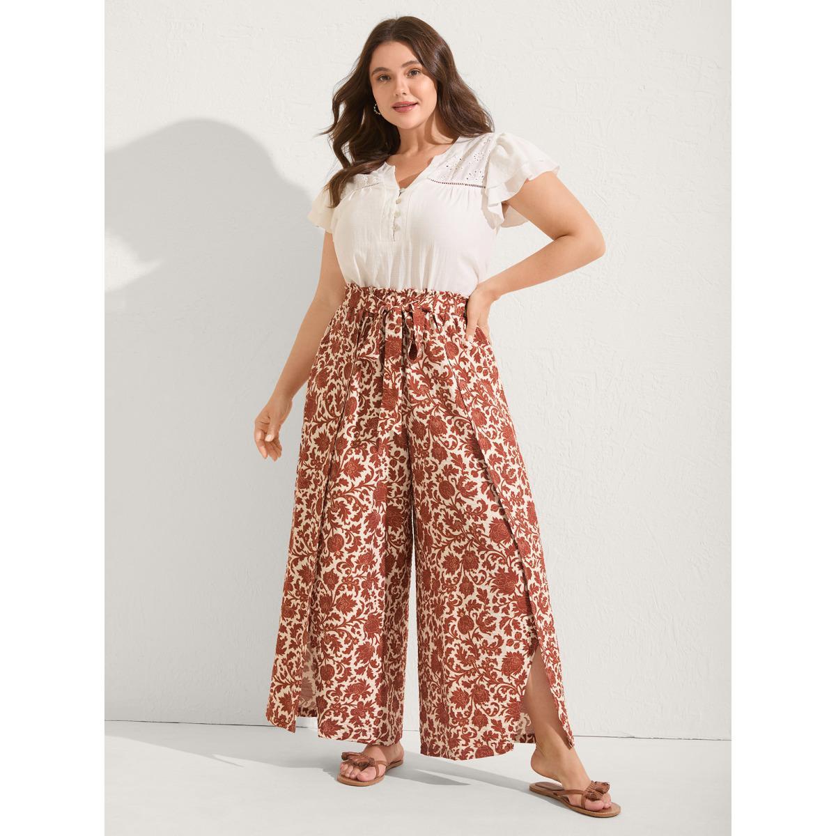 Plus Size Boho Overlap Slit Belted Wide-Leg Pants Women Rust Resort Loose Mid Rise Vacation Pants BloomChic 12/L Product Image