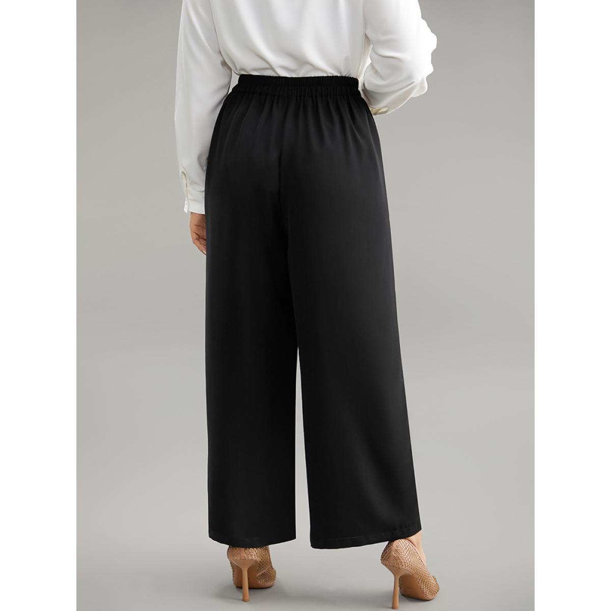 Plus Size Metal Detail Pleated Wide Leg Pants Women Black Office Wide Leg High Rise Work Pants BloomChic 26/4X Product Image