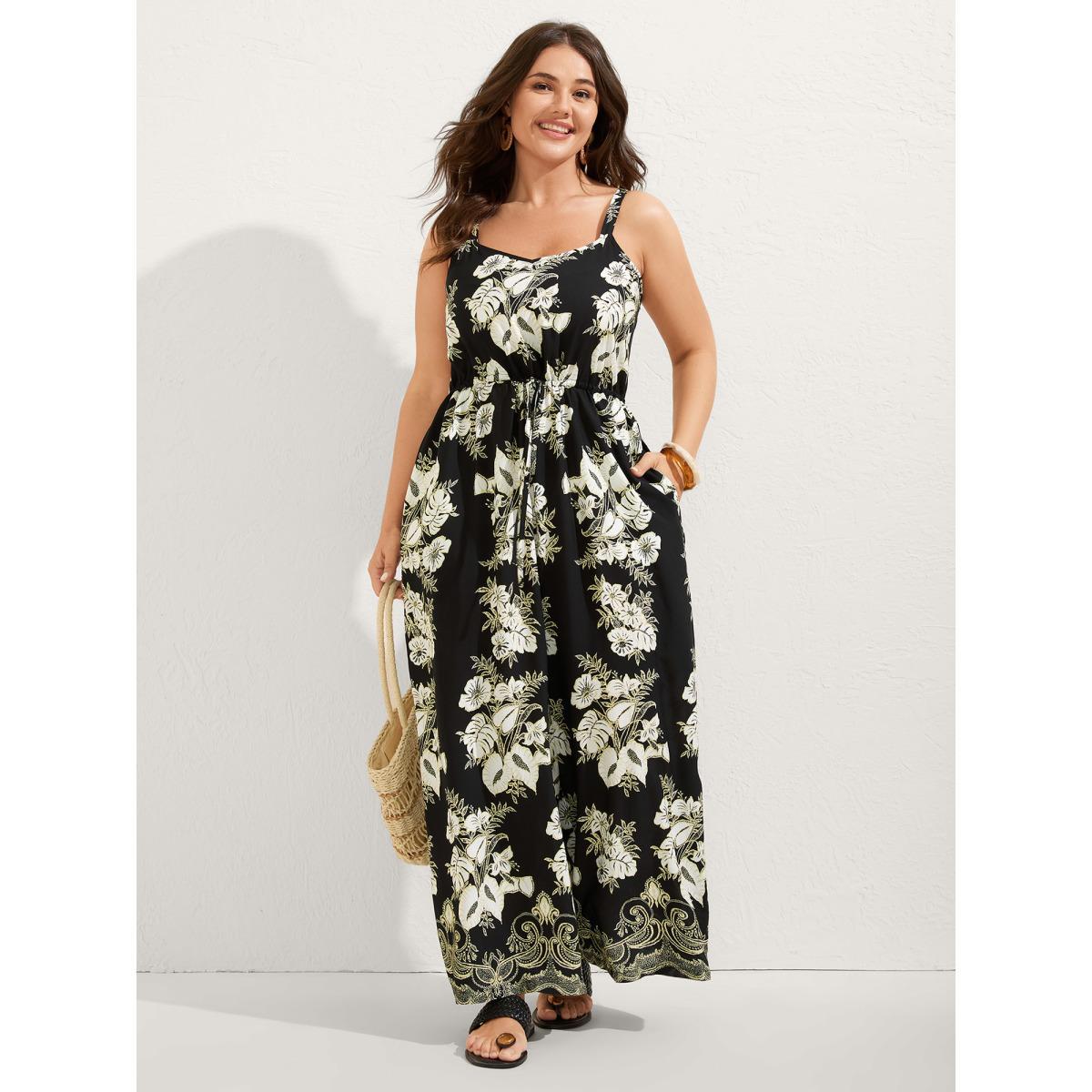 Plus Size Black Boho Floral Cami Pockets Jumpsuit Women Sleeveless Heart neckline Vacation Loose Jumpsuits BloomChic 12/L Product Image