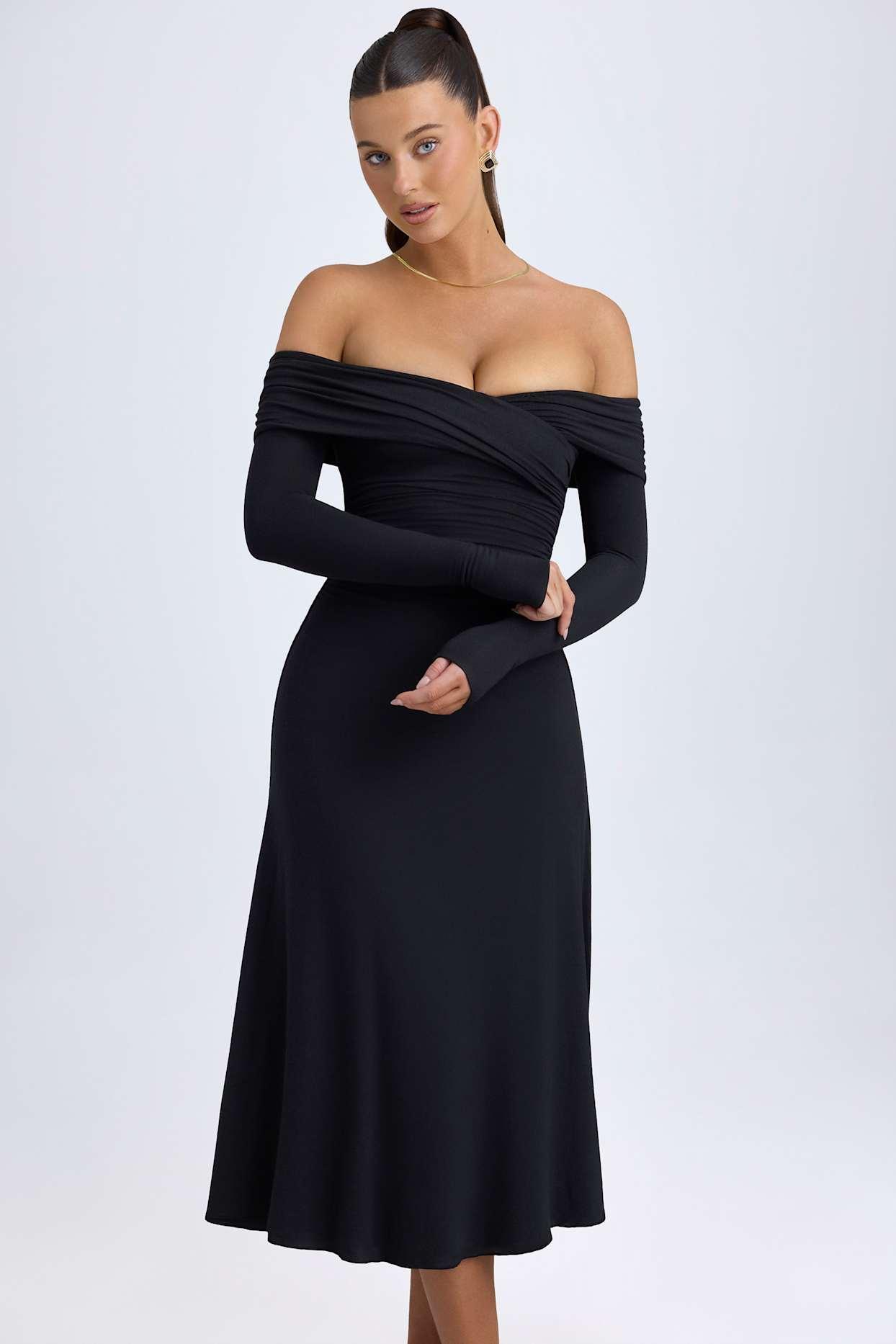 Modal Off-Shoulder Ruched Midaxi Dress in Black Product Image