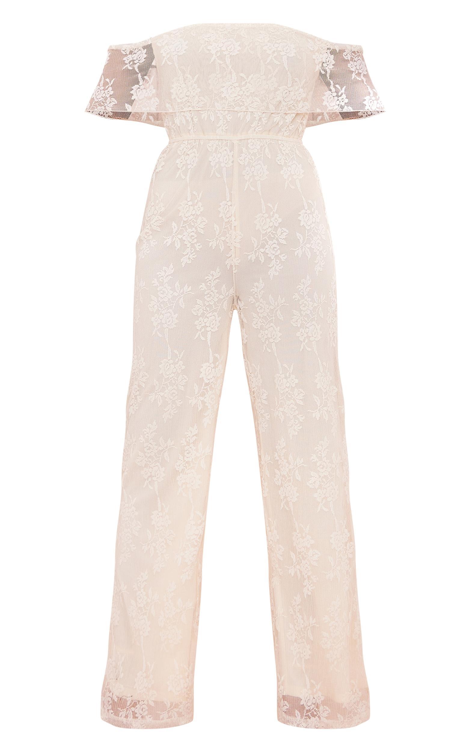Butter Cream Shimmer Floral Lace Bardot Jumpsuit Product Image