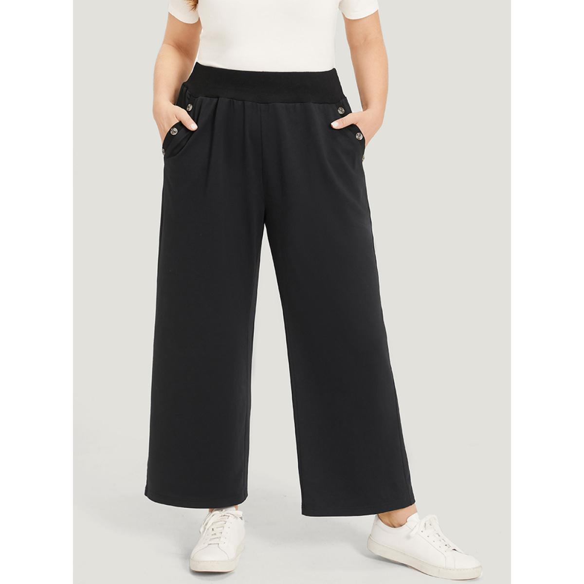 Plain Pocket Button Detail High Rise Sweatpants Black Plus Size Women Casual Dailywear Plain 14-16/1X Bloomchic Product Image