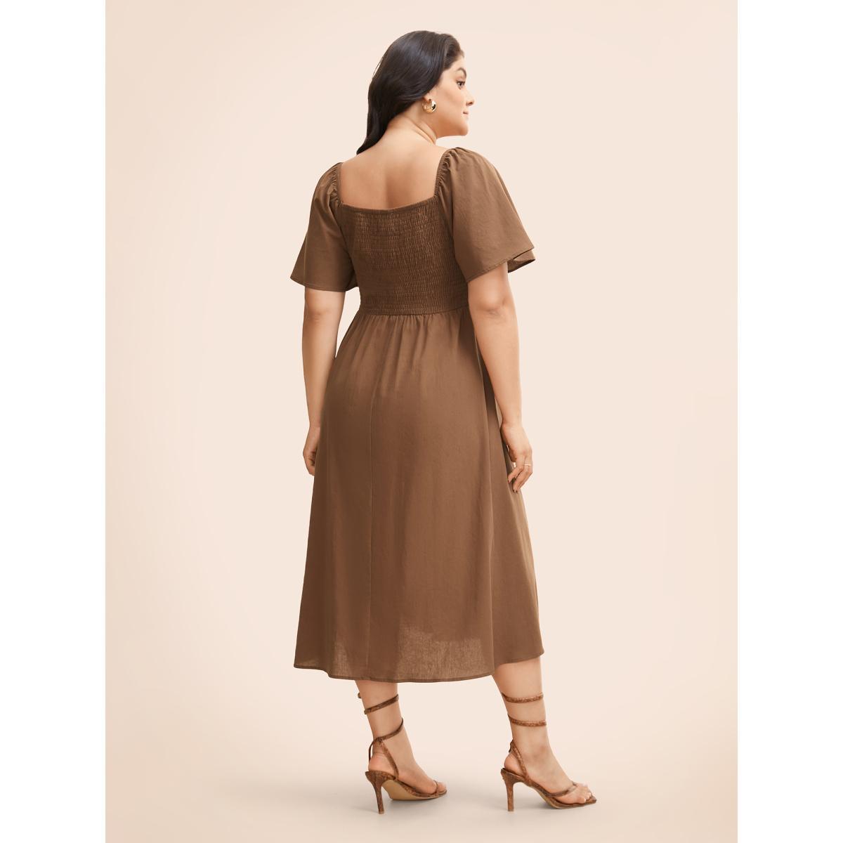 Plus Size Cotton Square Neck Shirred Ruffle Sleeve Split Hem Dress Browncoffeecolor Women Casual Gathered Square Neck Short sleeve Curvy BloomChic 14-16/1X Product Image
