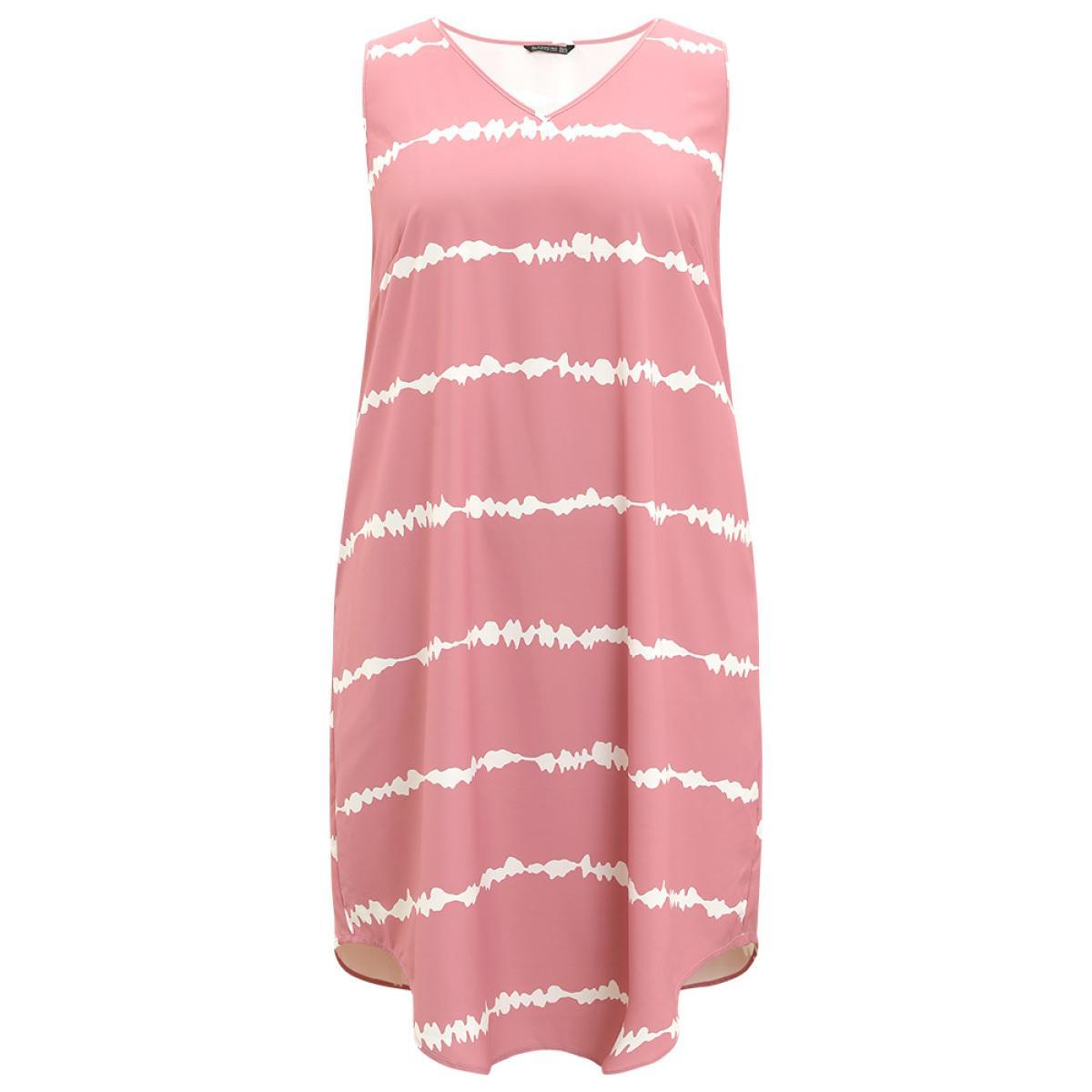 Plus Size Tie Dye Striped Pocket V Neck Arc Hem Tank Dress Watermelon Women Vacation V-neck Sleeveless Curvy Midi Dress BloomChic 14-16/1X Product Image