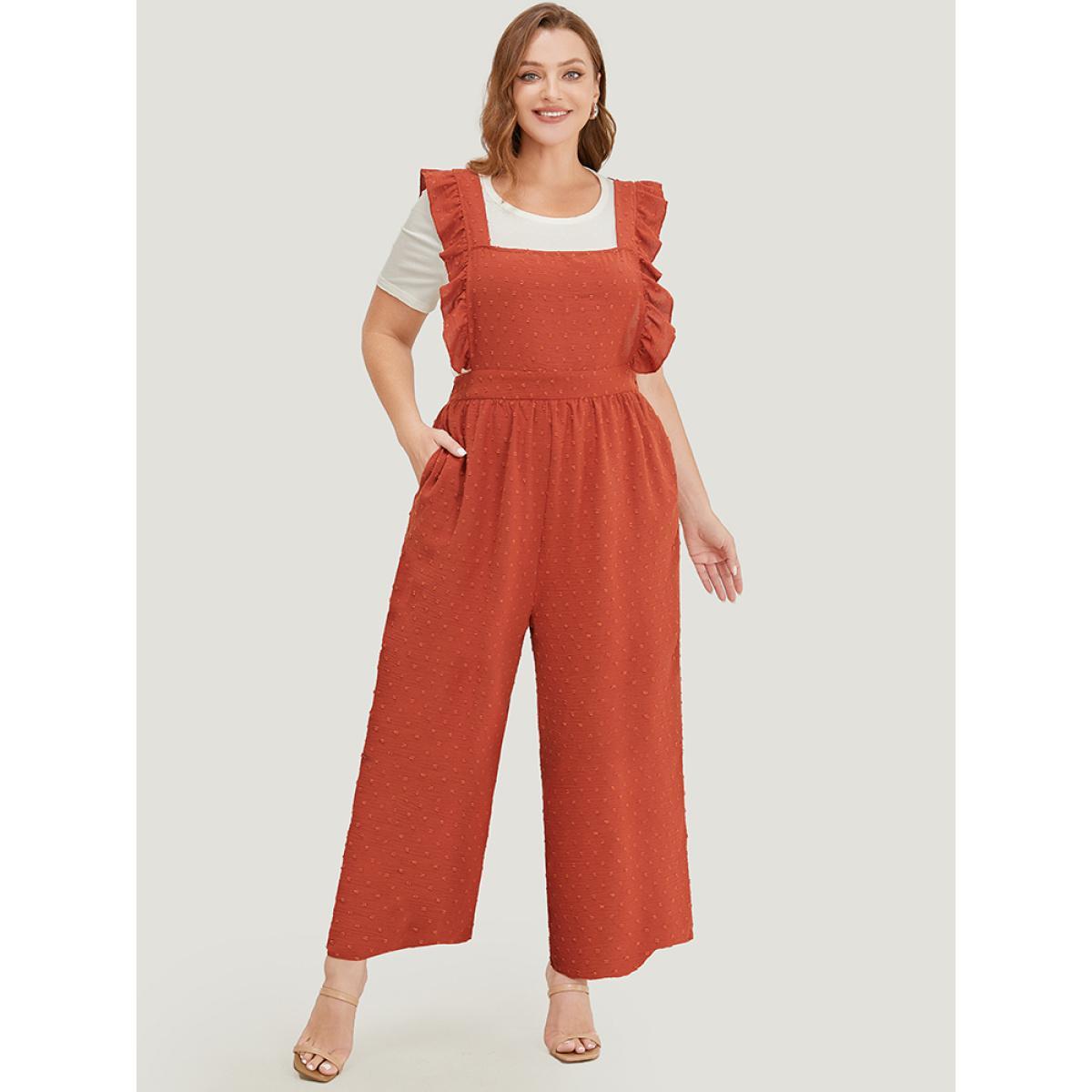 Plus Size Rust Polka Dot Square Neck Pocket Ruffle Trim Overall Jumpsuit Women Elegant Sleeveless Square Neck Dailywear Loose Jumpsuits BloomChic 22-24/3X Product Image