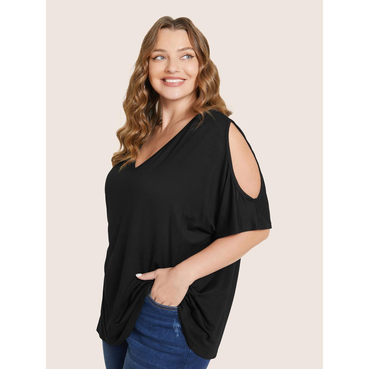 Plus Size Plain Cut Out V Neck T-shirt Black Women Elegant Cut-Out Plain V-neck Everyday T-shirts BloomChic 14-16/1X Product Image