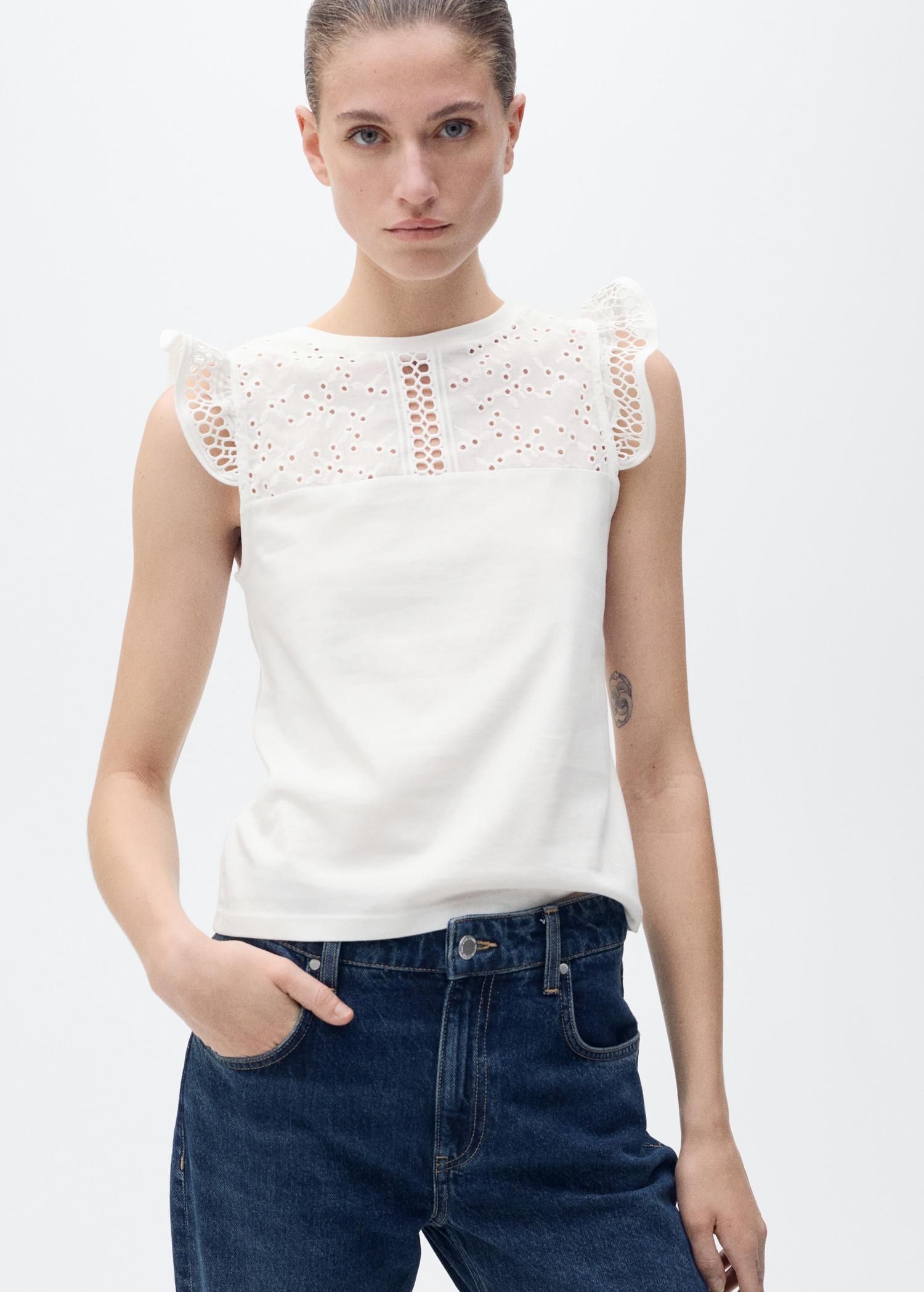 Cotton top with openwork neckline - Women | MANGO USA Product Image