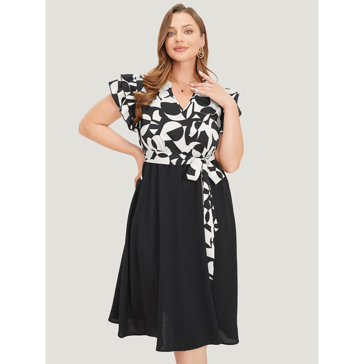 Plus Size Geometric Pocket Belted Ruffle Sleeve Notched Dress White Women Office Plain Notched collar Cap Sleeve Curvy Midi Dress BloomChic 18-20/2X Product Image