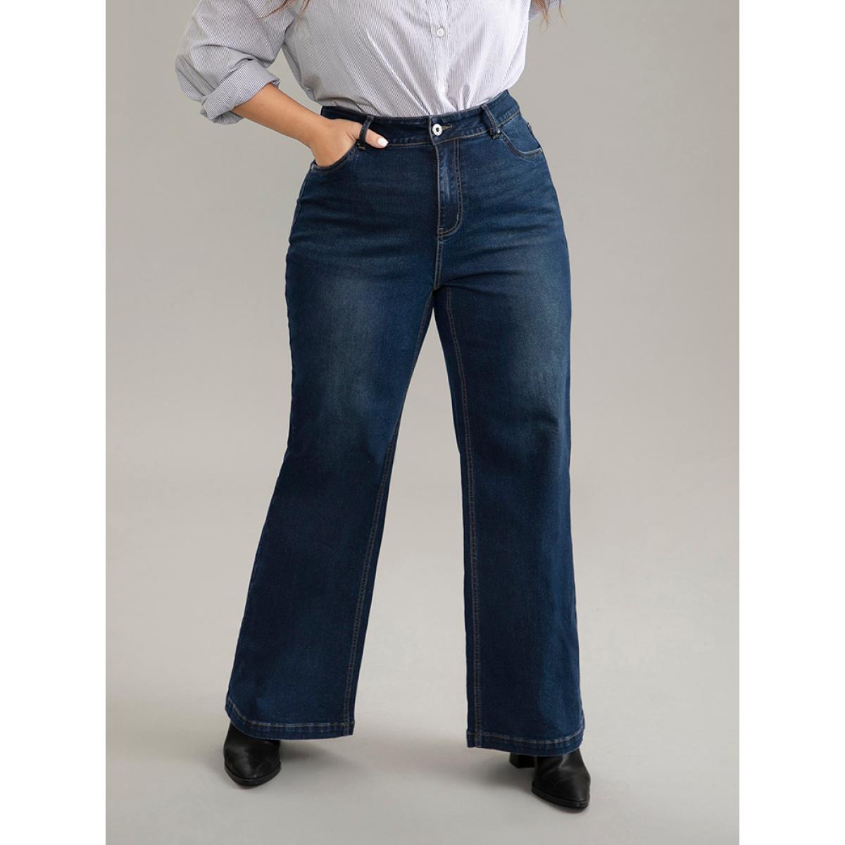 Plus Size Vintage Dark Wash Wide Leg Jeans Women Midnight Casual Plain Plain High stretch Pocket Jeans BloomChic 30/6X Product Image