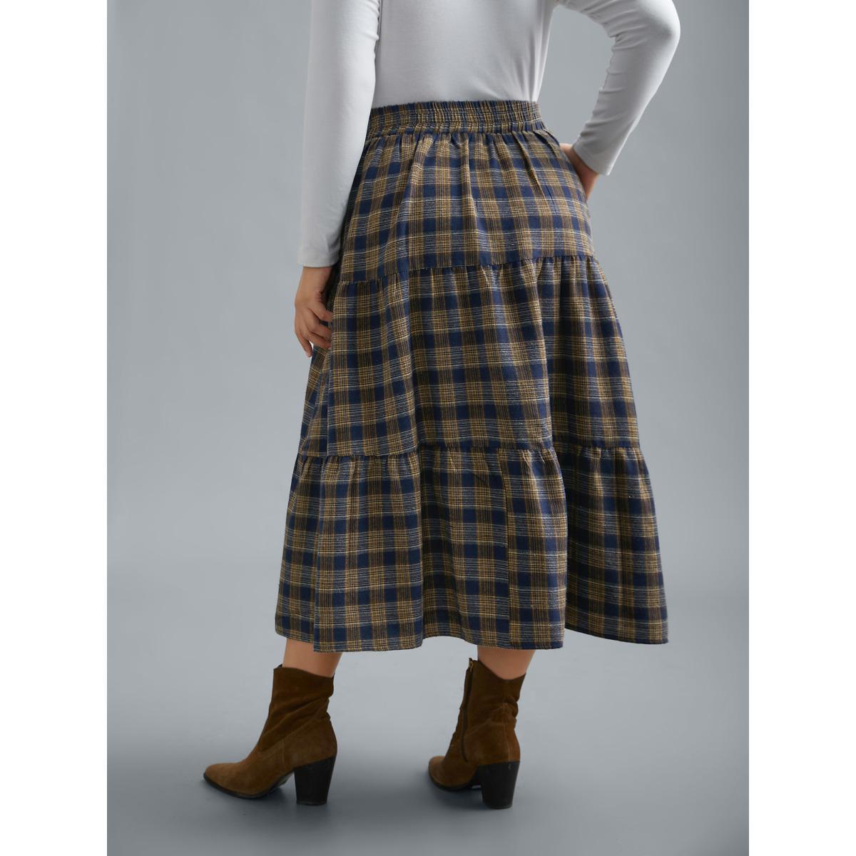 Plus Size Plaid Pattern Stretchy Waist Skirt Women Indigo Elegant Gathered No stretch Side seam pocket Everyday Skirts BloomChic 12/L Product Image