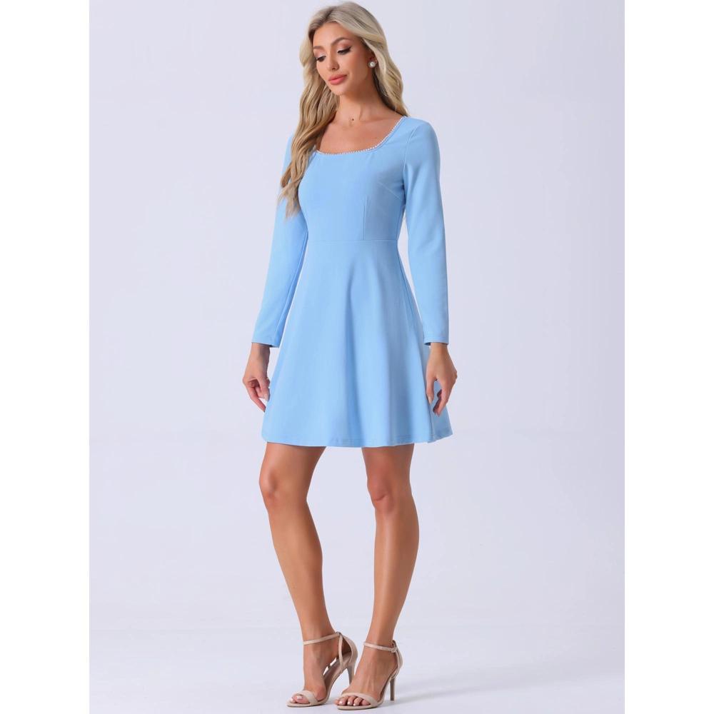 Allegra K Women's Vintage Long Sleeve Beaded Square Neck High Waist A-Line Dress Sky Blue X-Small Product Image