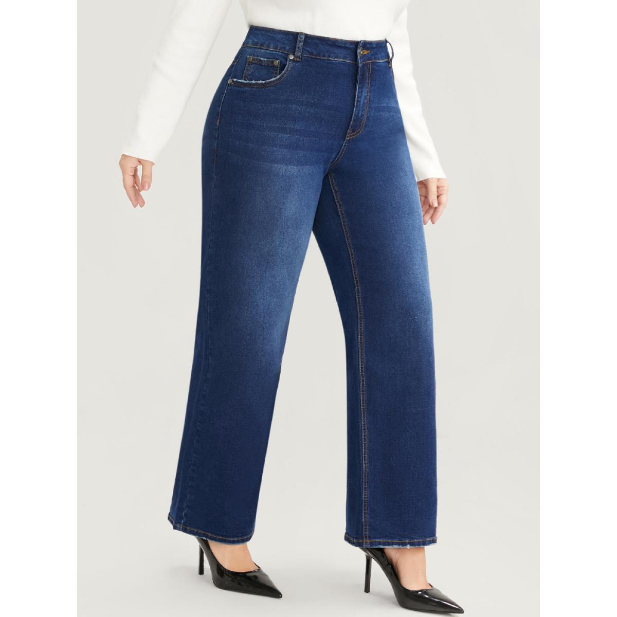 Plus Size Straight Slightly Stretchy High Rise Dark Wash Pocket Full Jeans Women DarkBlue Casual Plain Button Low stretch Pocket Jeans BloomChic 20/2X Product Image