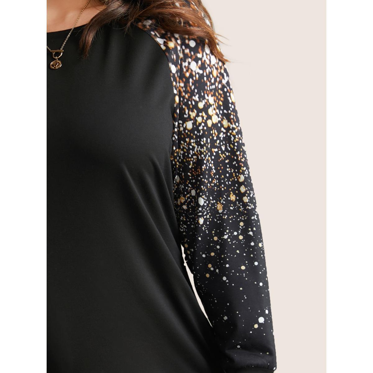Plus Size Ombre Boho Print Raglan Sleeve T-shirt Black Women Casual Contrast Ombre Round Neck Dailywear T-shirts BloomChic 14-16/1X Product Image