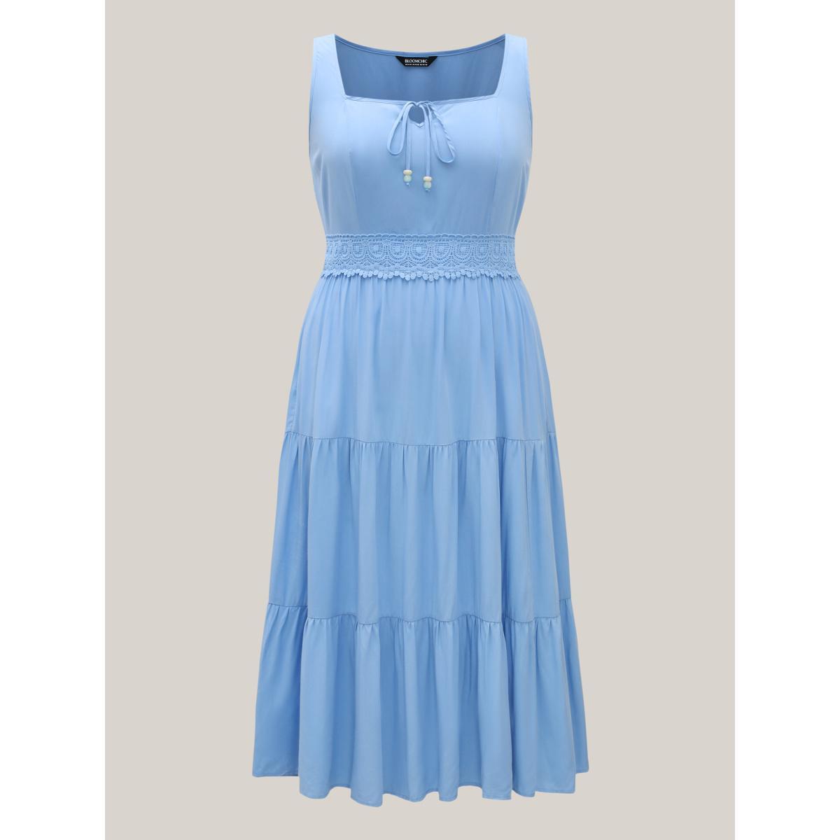 Plus Size Lace Trim Neck Tie Solid Midi Dress LightBlue Women Square Neck Sleeveless Curvy BloomChic 22-24/3X Product Image