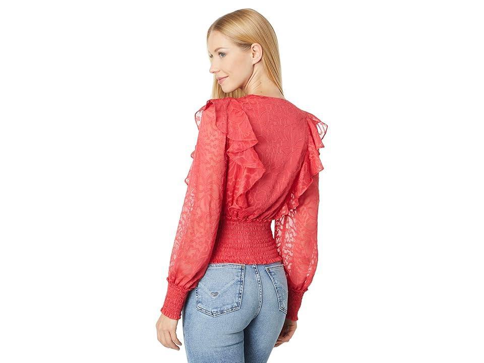 BCBGMAXAZRIA Printed Woven V-Neck Top (Scarlet) Women's Clothing Product Image