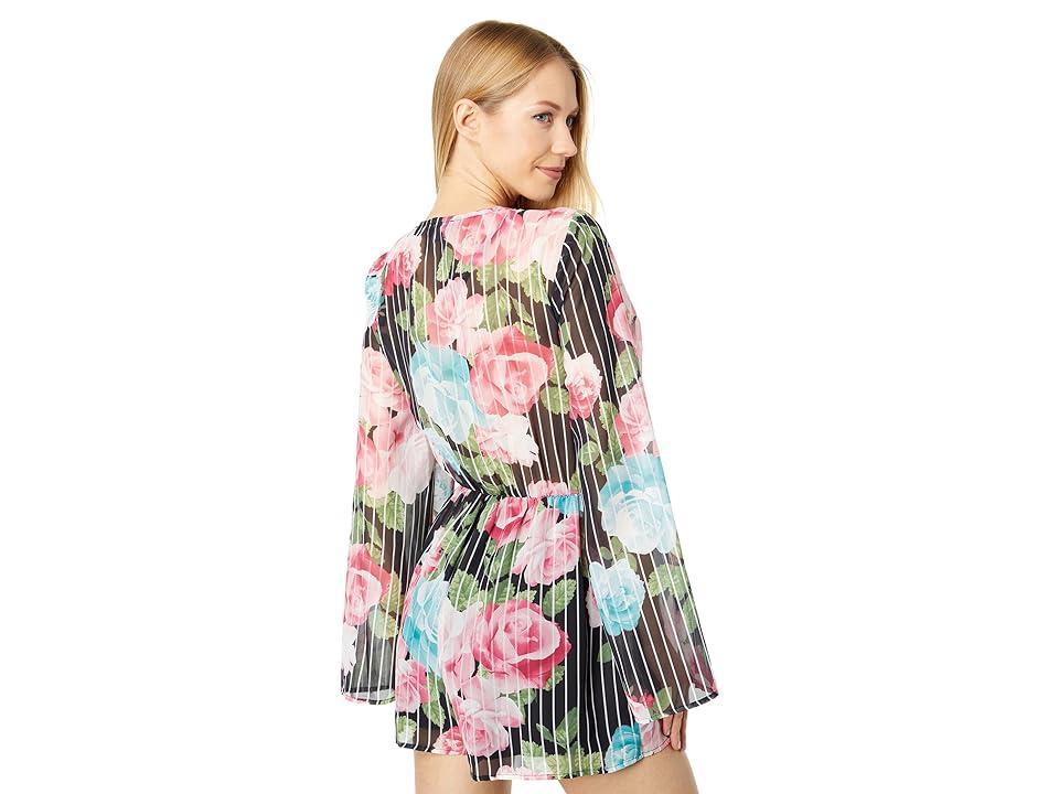 Bebe Tie Front Floral Flutter Sleeve Romper Pink) Women's Jumpsuit & Rompers One Piece Product Image