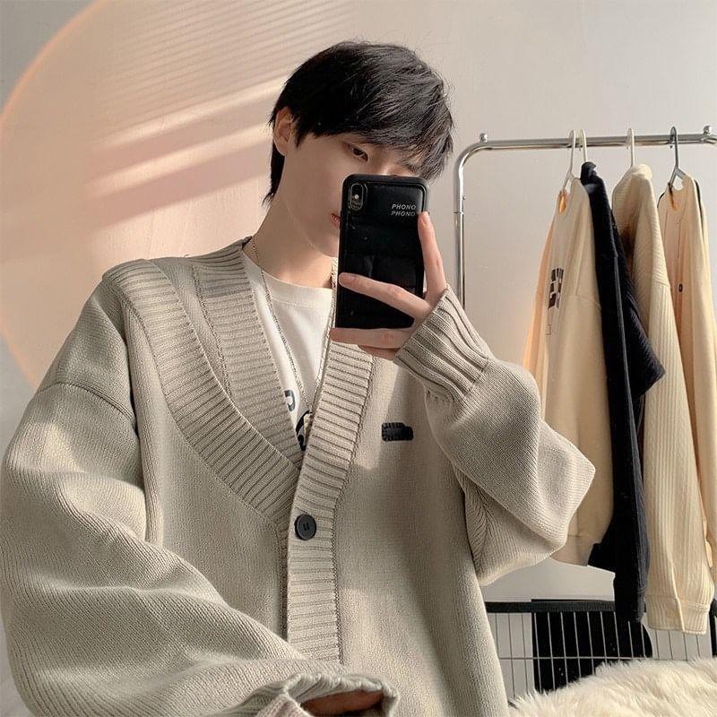 V-Neck Plain Button Cardigan Product Image