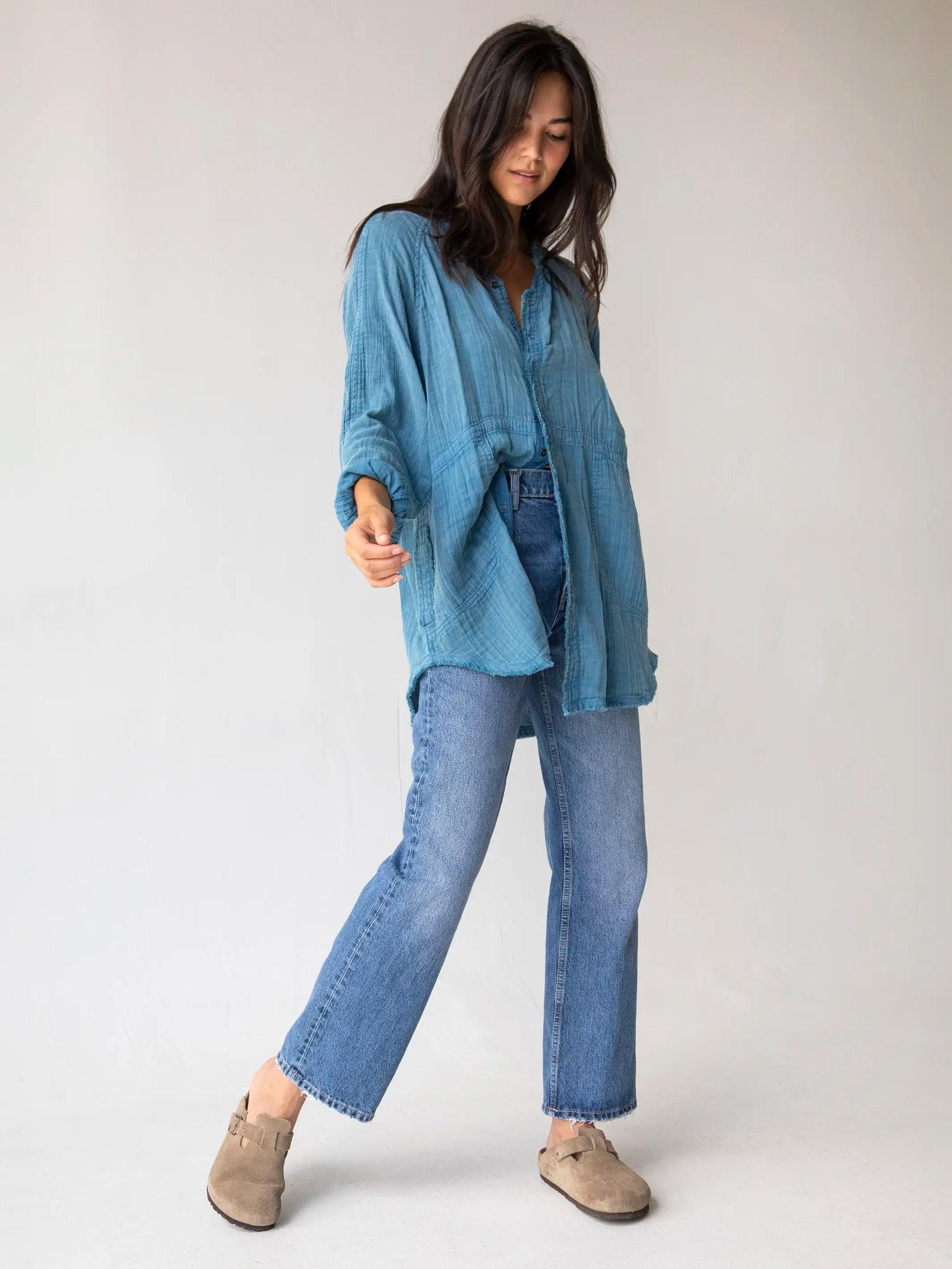 Laid Back Cotton Button Down Top - Denim Blue Product Image
