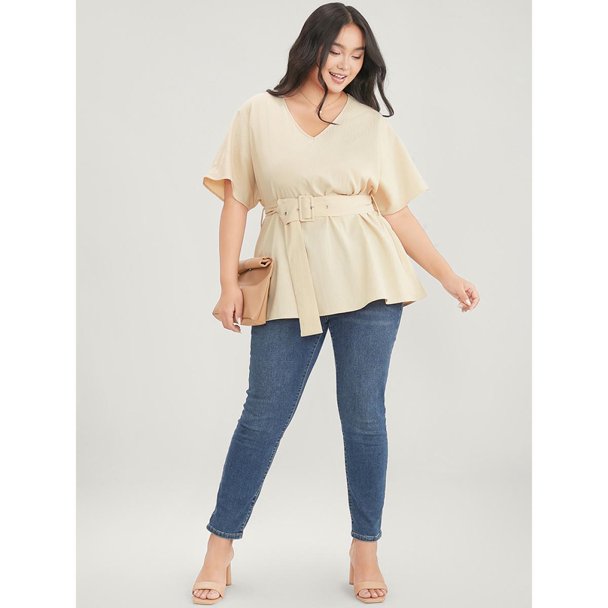 Plus Size Apricot Solid Dolman Sleeve Buckle Belted V Neck Blouse Women Office Short sleeve V-neck Dailywear Blouses BloomChic 12/L Product Image
